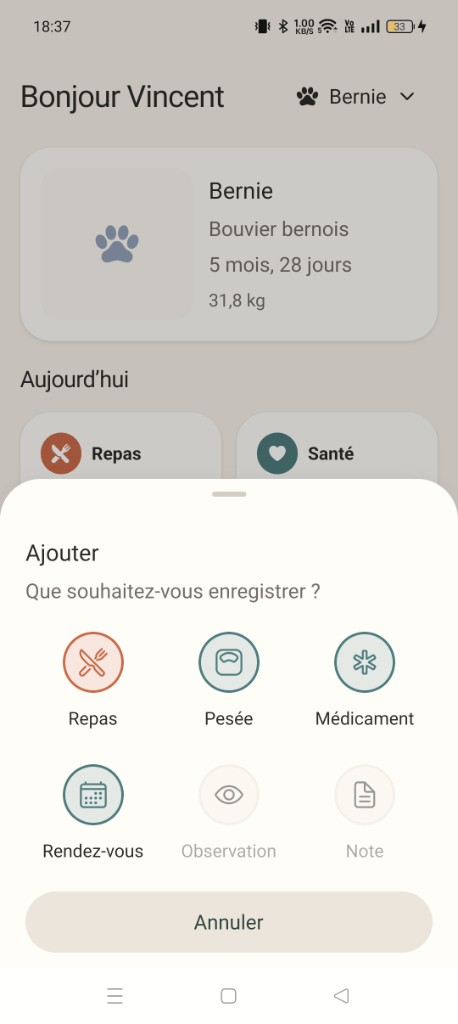 Menu Ajouter Pawpeo pour enregistrer repas, pesée, médicament ou rendez-vous